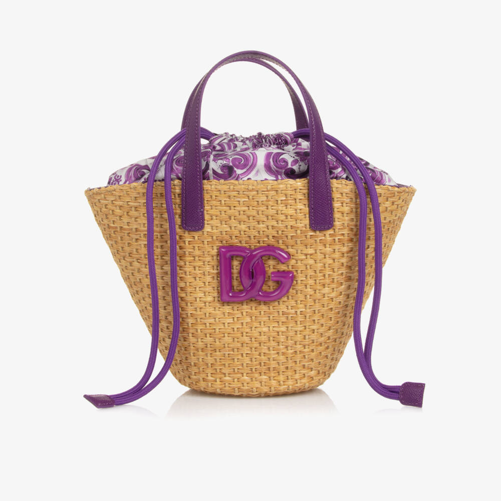 Dolce & Gabbana-Girls Beige Basket Handbag with Purple Majolica Print (28cm) | Childrensalon Outlet