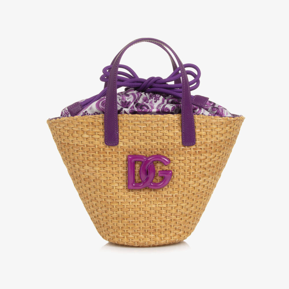Dolce & Gabbana-Girls Beige Basket Handbag with Purple Majolica Print (28cm) | Childrensalon Outlet