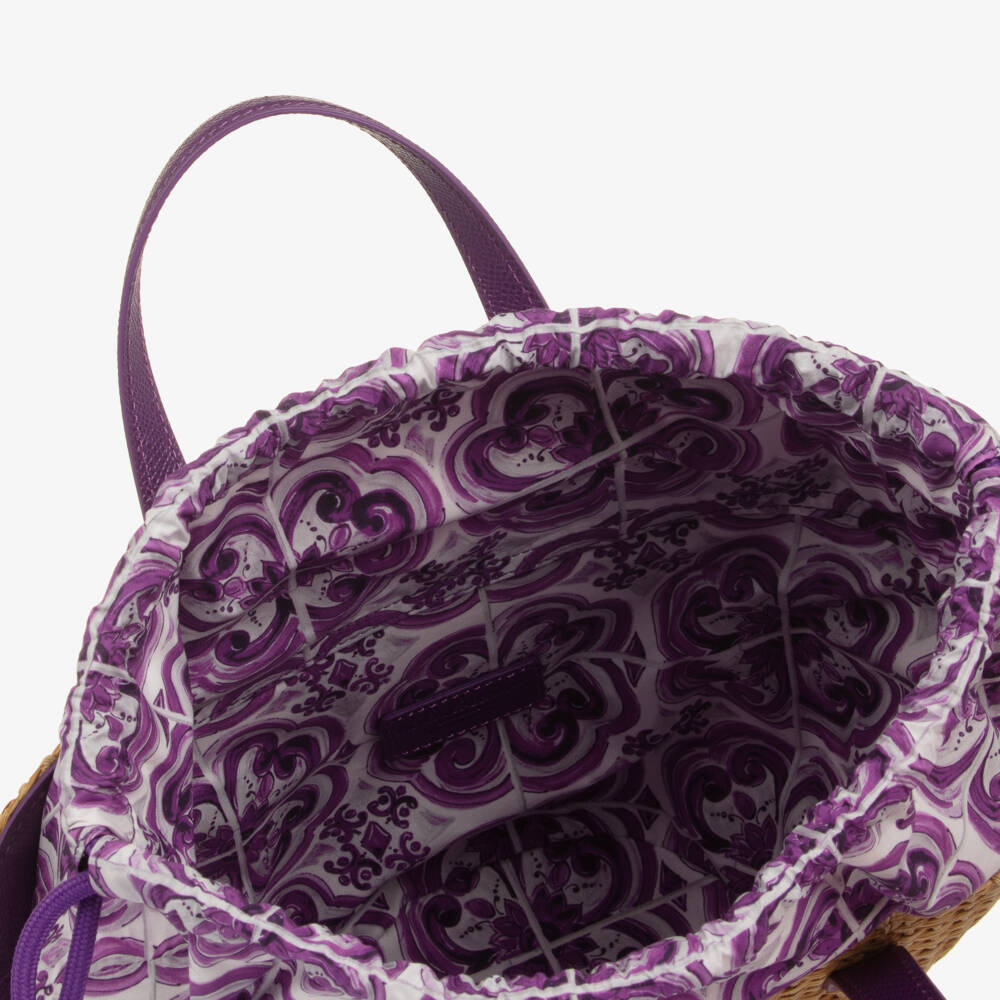 Dolce & Gabbana-Girls Beige Basket Handbag with Purple Majolica Print (28cm) | Childrensalon Outlet