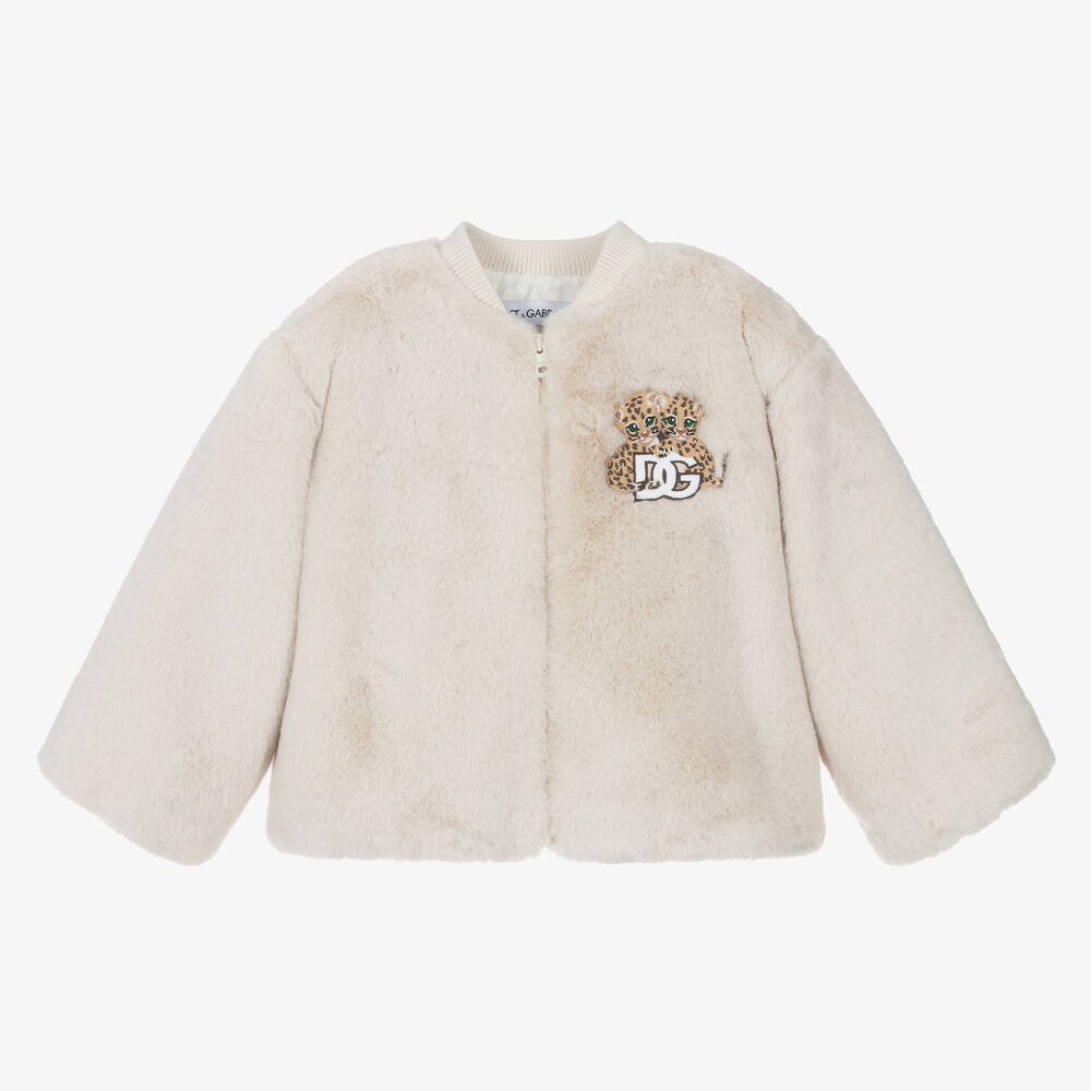 Dolce & Gabbana - Girls Beige Faux Fur Jacket | Childrensalon