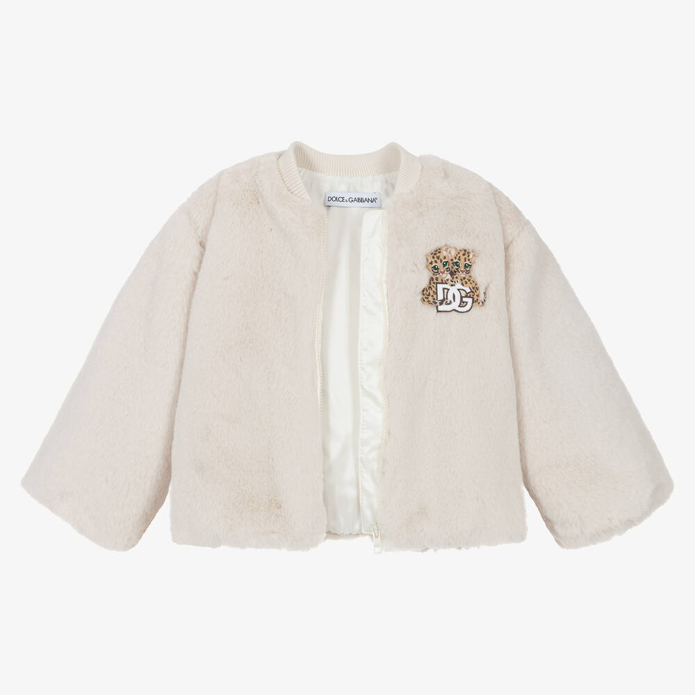 Dolce & Gabbana-Girls Beige Faux Fur Jacket | Childrensalon Outlet