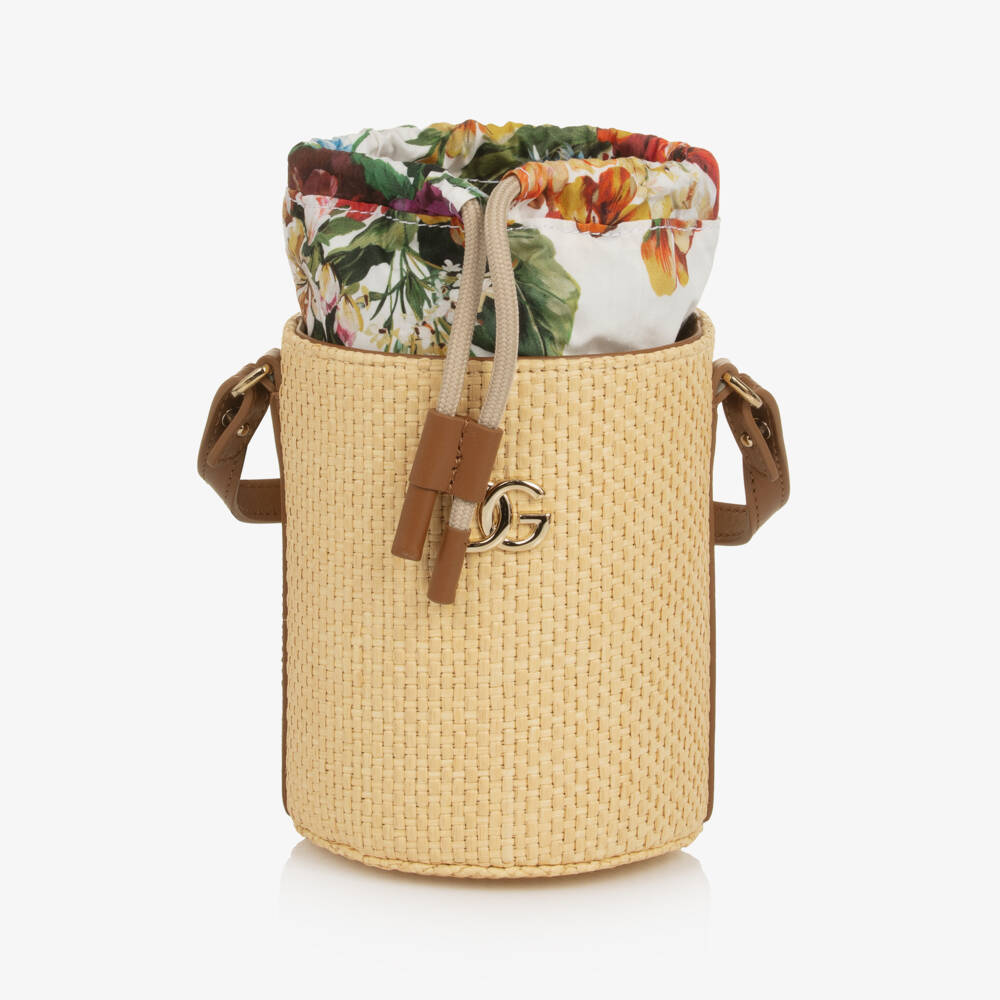 Dolce & Gabbana-Girls Beige Floral & Straw Bag (14cm) | Childrensalon Outlet