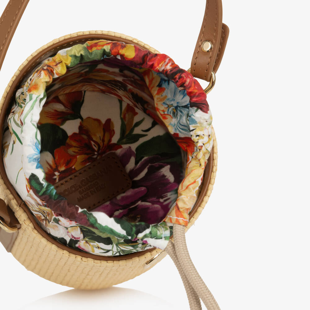 Dolce & Gabbana-Girls Beige Floral & Straw Bag (14cm) | Childrensalon Outlet