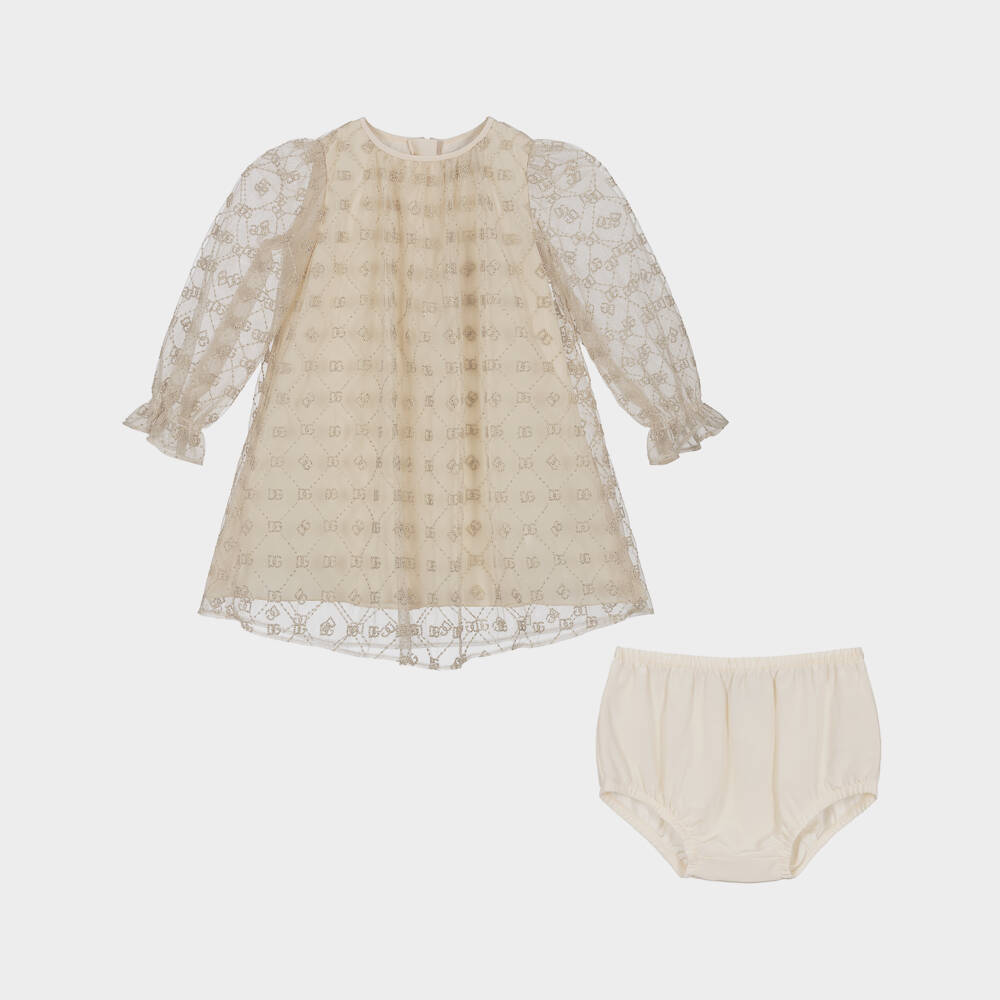 Dolce & Gabbana-Girls Beige & Gold Tulle Dress with DG Embroidery | Childrensalon Outlet