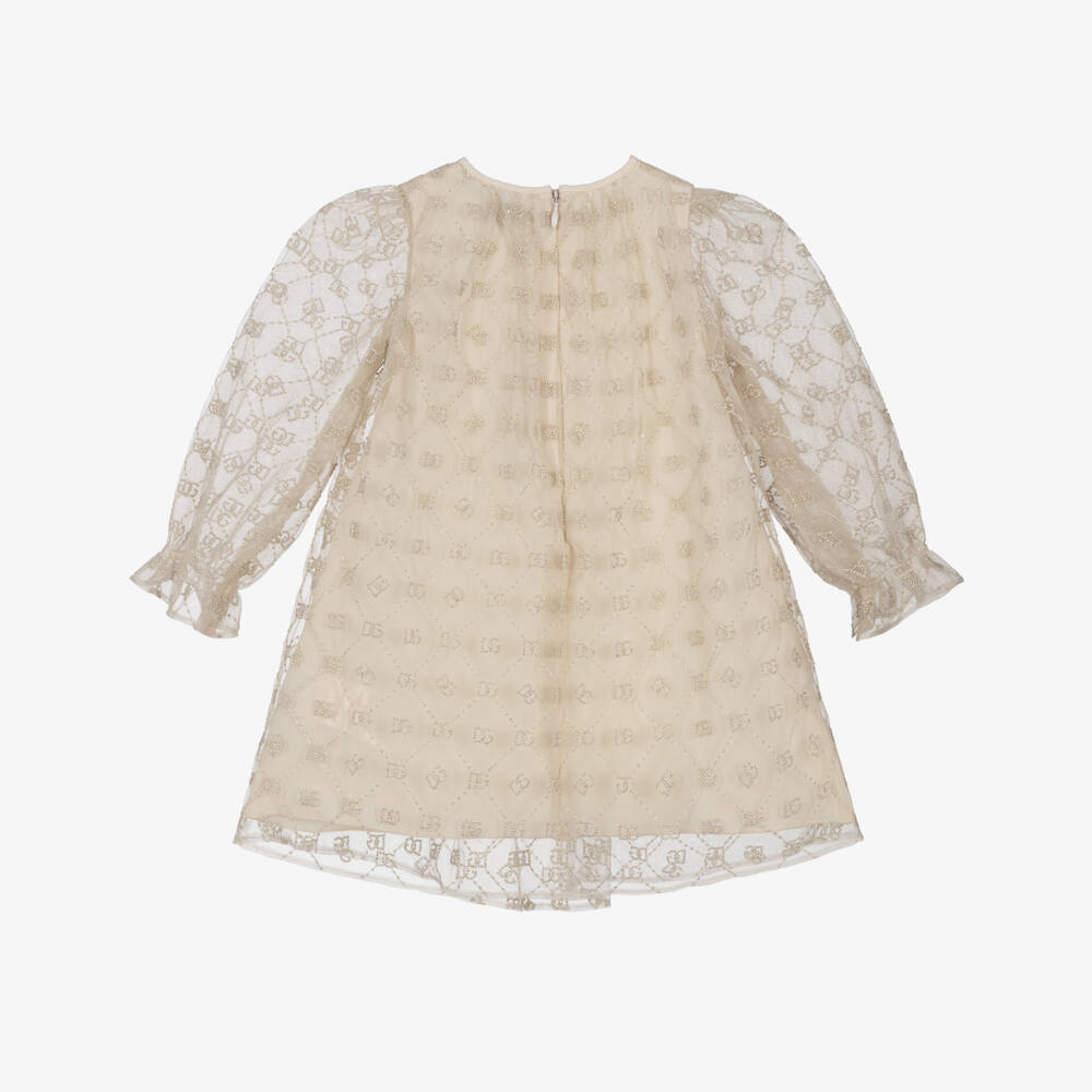 Dolce & Gabbana-Girls Beige & Gold Tulle Dress with DG Embroidery | Childrensalon Outlet