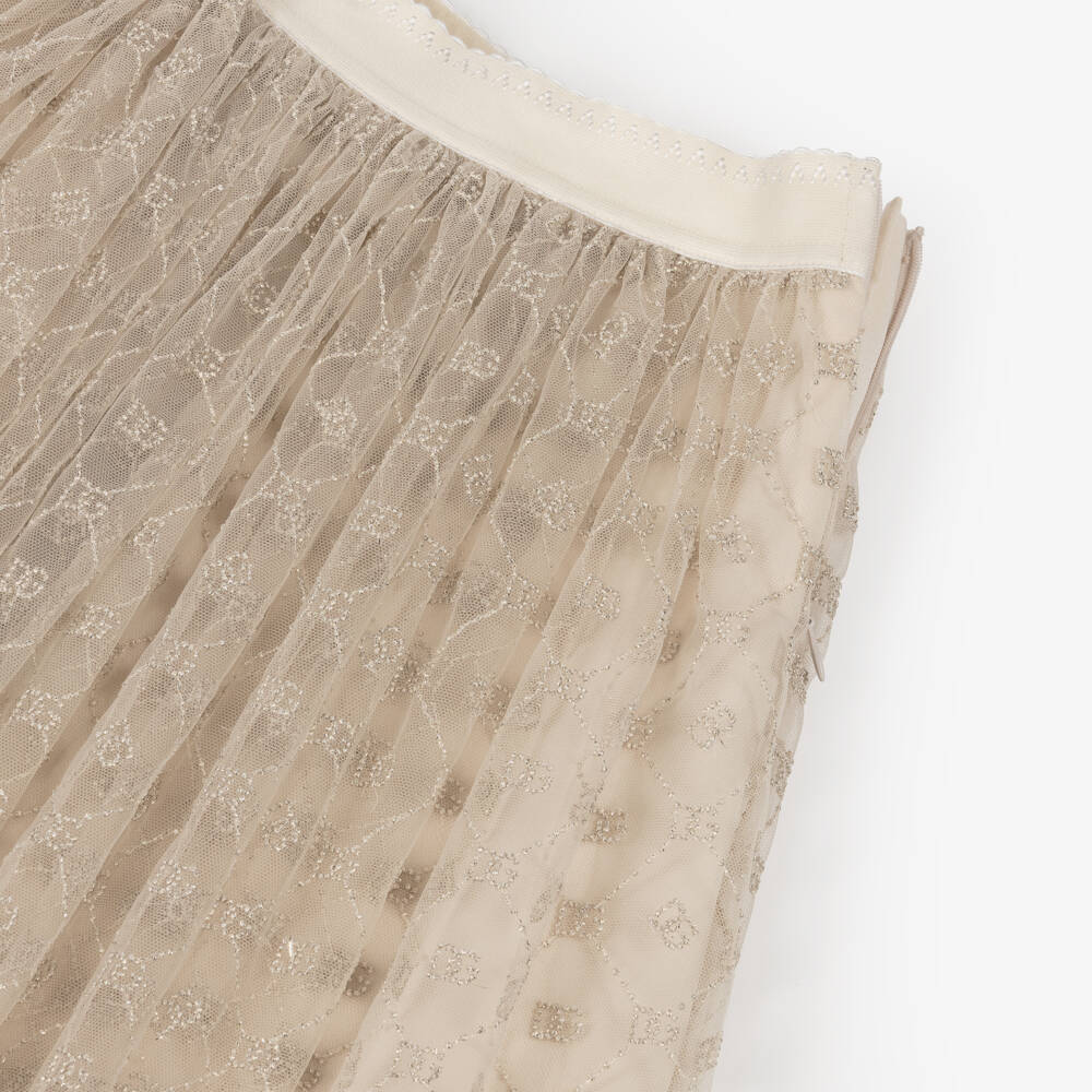 Dolce & Gabbana-Girls Beige & Gold Tulle Skirt with DG Embroidery | Childrensalon Outlet