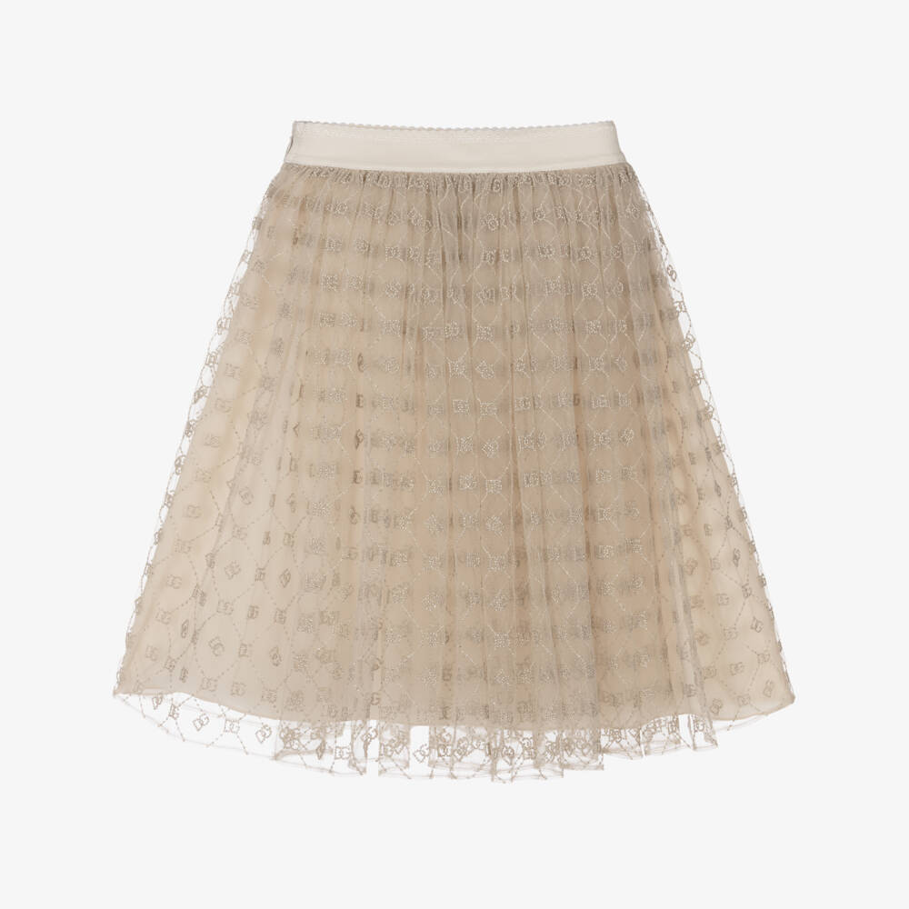 Dolce & Gabbana-Girls Beige & Gold Tulle Skirt with DG Embroidery | Childrensalon Outlet