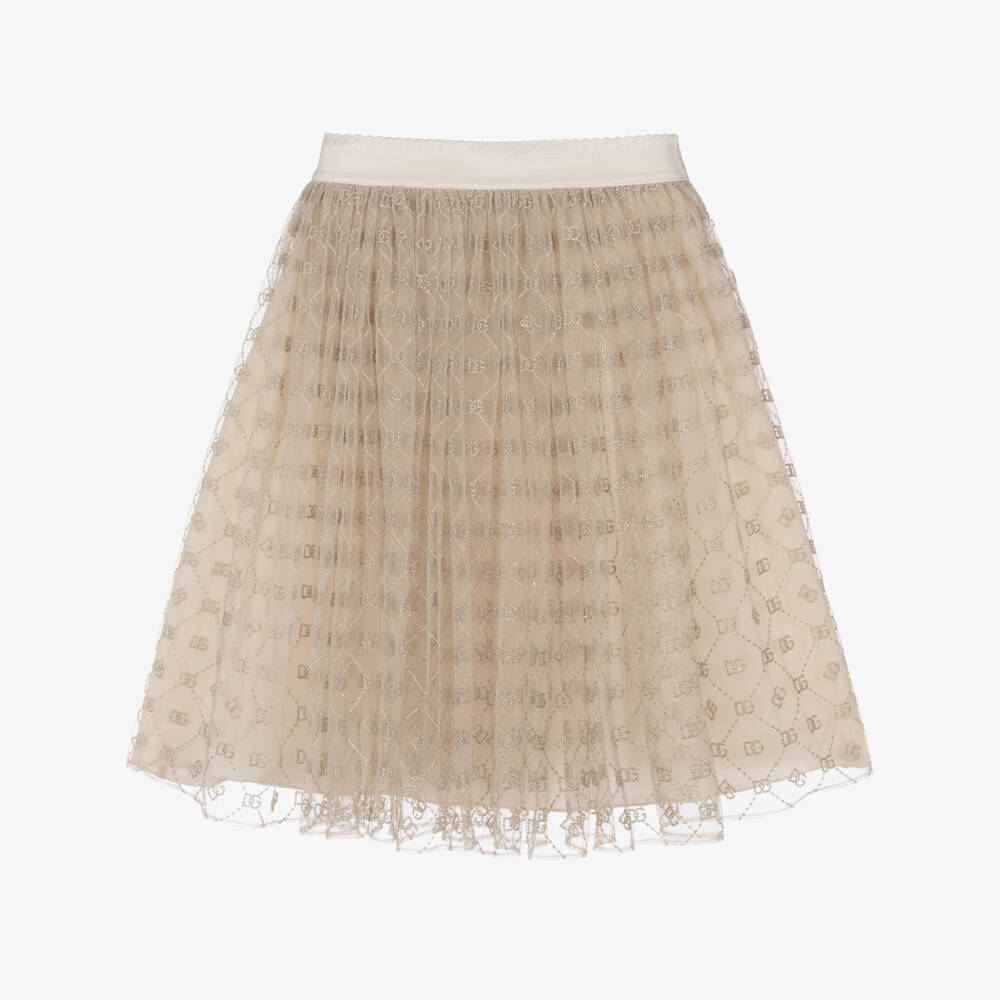 Dolce & Gabbana-Girls Beige & Gold Tulle Skirt with DG Embroidery | Childrensalon Outlet