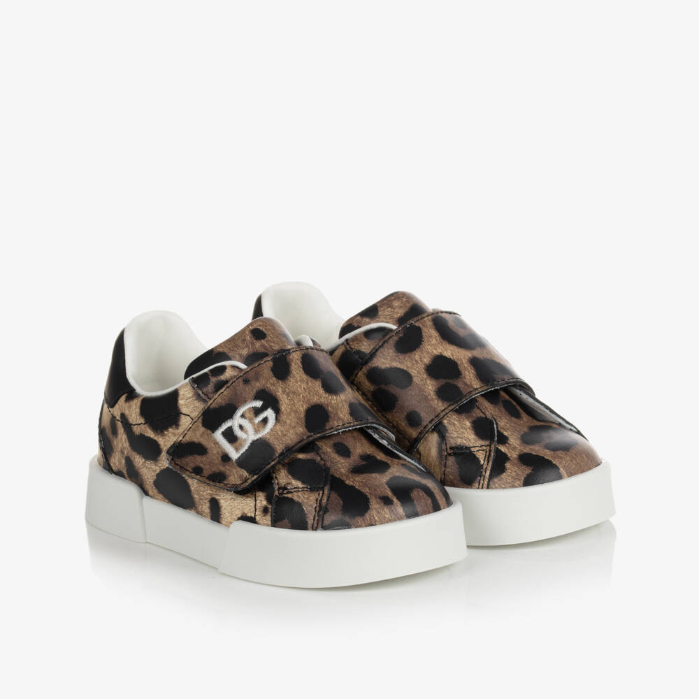 Dolce & Gabbana-Girls Beige Leopard Print DG Trainers | Childrensalon Outlet