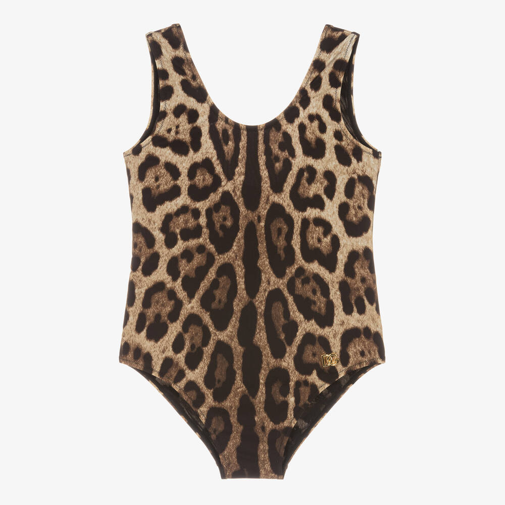 Dolce & Gabbana - Girls Beige Leopard Print Swimsuit | Childrensalon