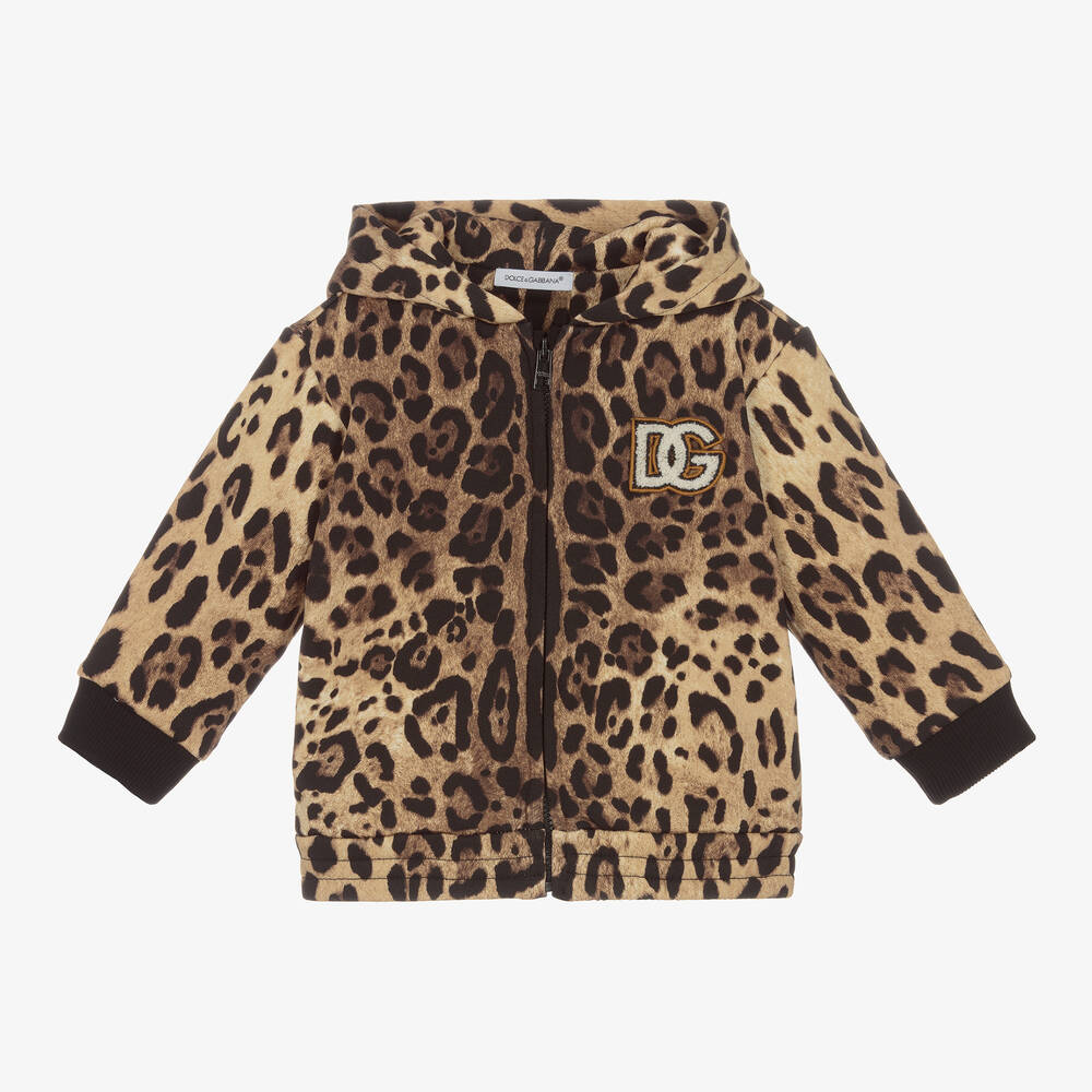 Dolce & Gabbana - Girls Beige Leopard Print Zip-Up Top | Childrensalon