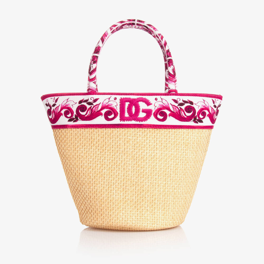Dolce & Gabbana - Girls Beige & Pink Majolica Straw Bag (26cm) | Childrensalon