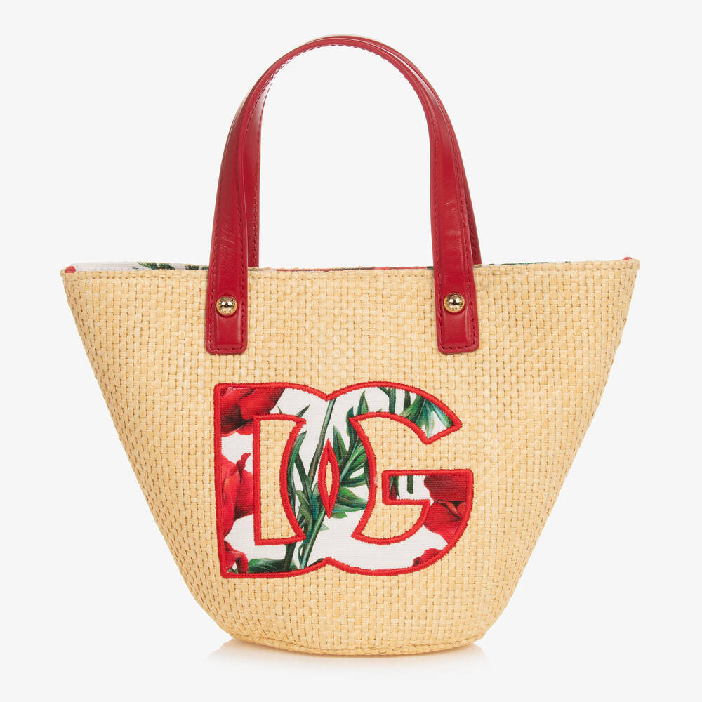 Dolce & Gabbana - حقيبة قش لون بيج وأحمر للبنات (25 سم) | Childrensalon