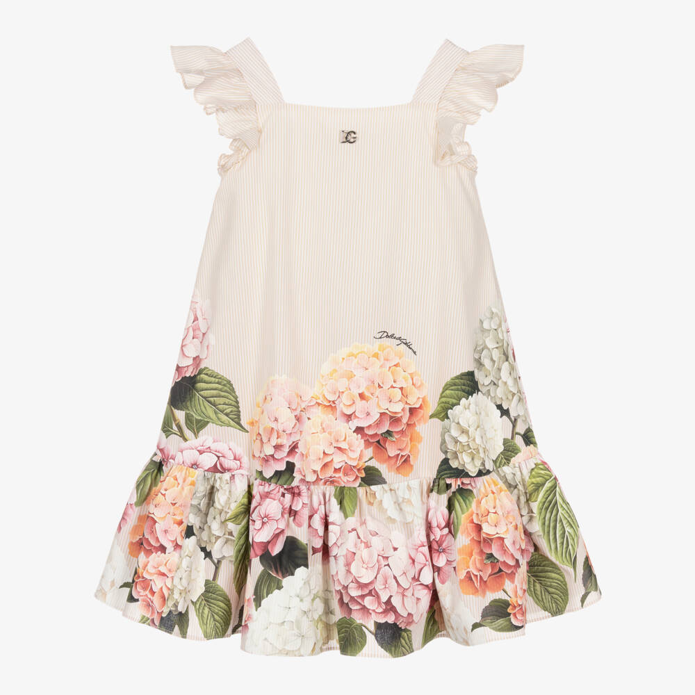 Dolce & Gabbana-Girls Beige Striped Poplin Dress with Hydrangea Print | Childrensalon Outlet