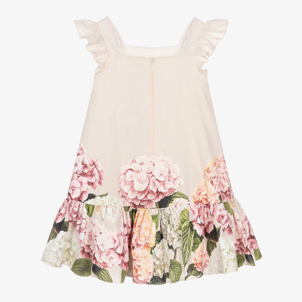 Dolce & Gabbana-Girls Beige Striped Poplin Dress with Hydrangea Print | Childrensalon Outlet