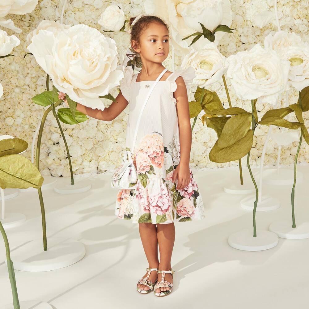 Dolce & Gabbana-Girls Beige Striped Poplin Dress with Hydrangea Print | Childrensalon Outlet