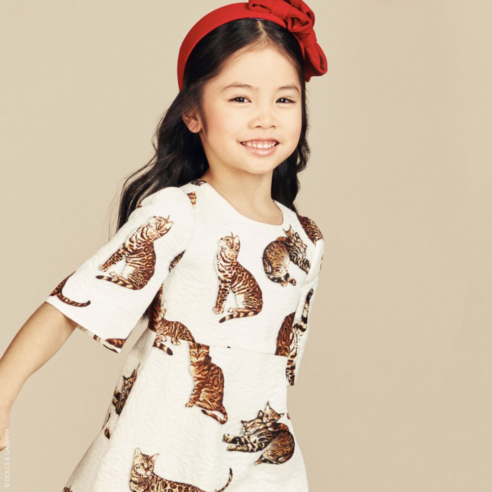 Dolce Gabbana Girls Bengal Cat White Brocade Dress