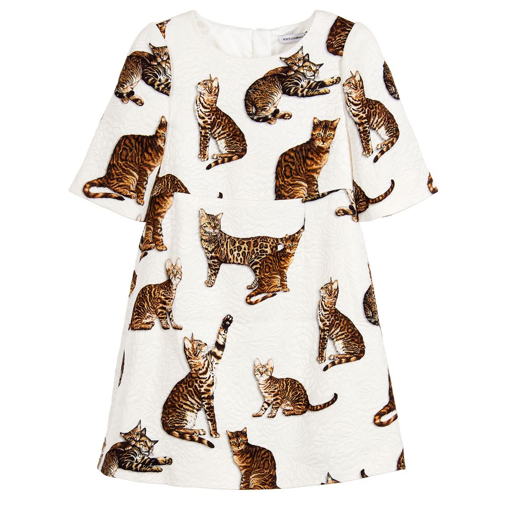 Girls Bengal Cat White Brocade Dress