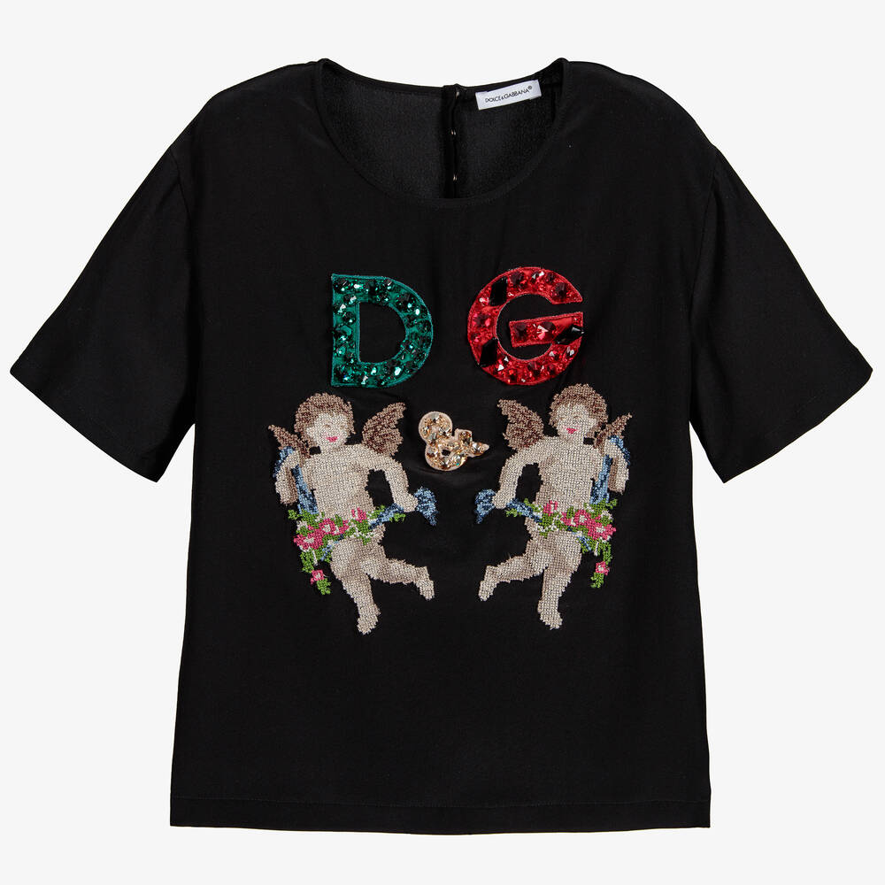 Dolce & Gabbana - توب حرير مطرز لون أسود للفتيات  | Childrensalon