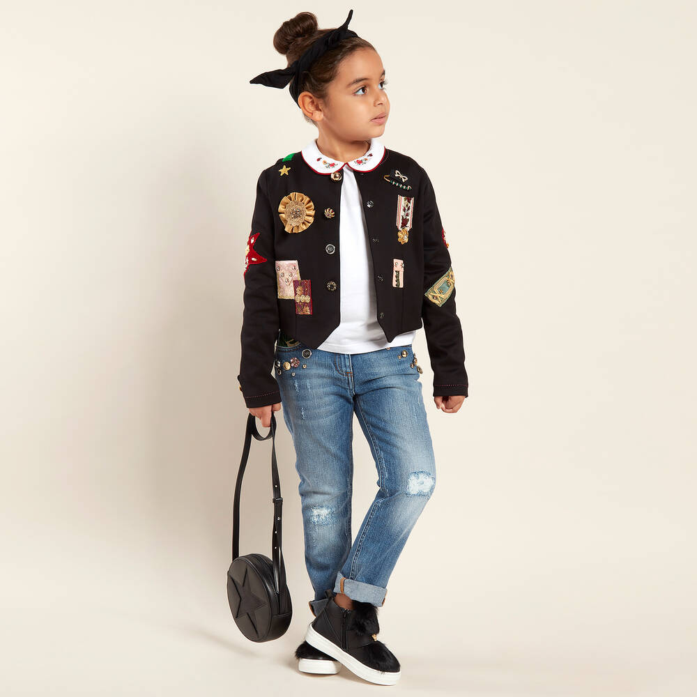 دولتشي آند غابانا-جاكيت لون أسود مطرز للفتيات | Childrensalon Outlet