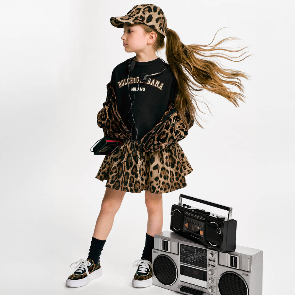 Dolce & Gabbana-Girls Black & Brown Leopard Print Sweatshirt Dress | Childrensalon Outlet