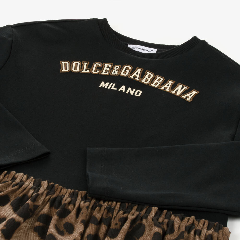 Dolce & Gabbana-Girls Black & Brown Leopard Print Sweatshirt Dress | Childrensalon Outlet