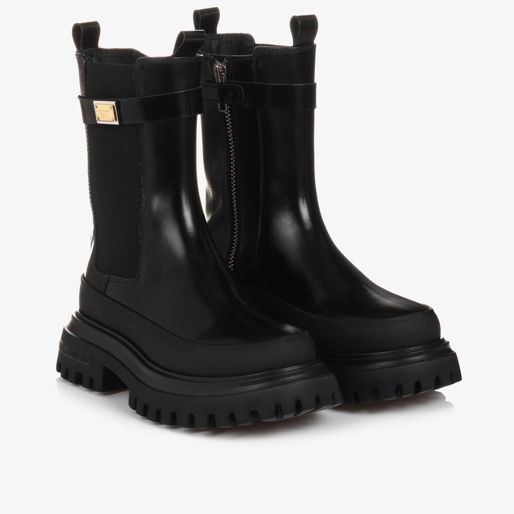 Dolce & Gabbana - Girls Black Chunky Leather Boots | Childrensalon