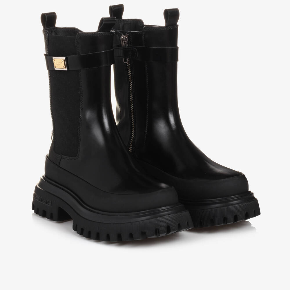 Dolce & Gabbana - Bottines noires épaisses en cuir | Childrensalon