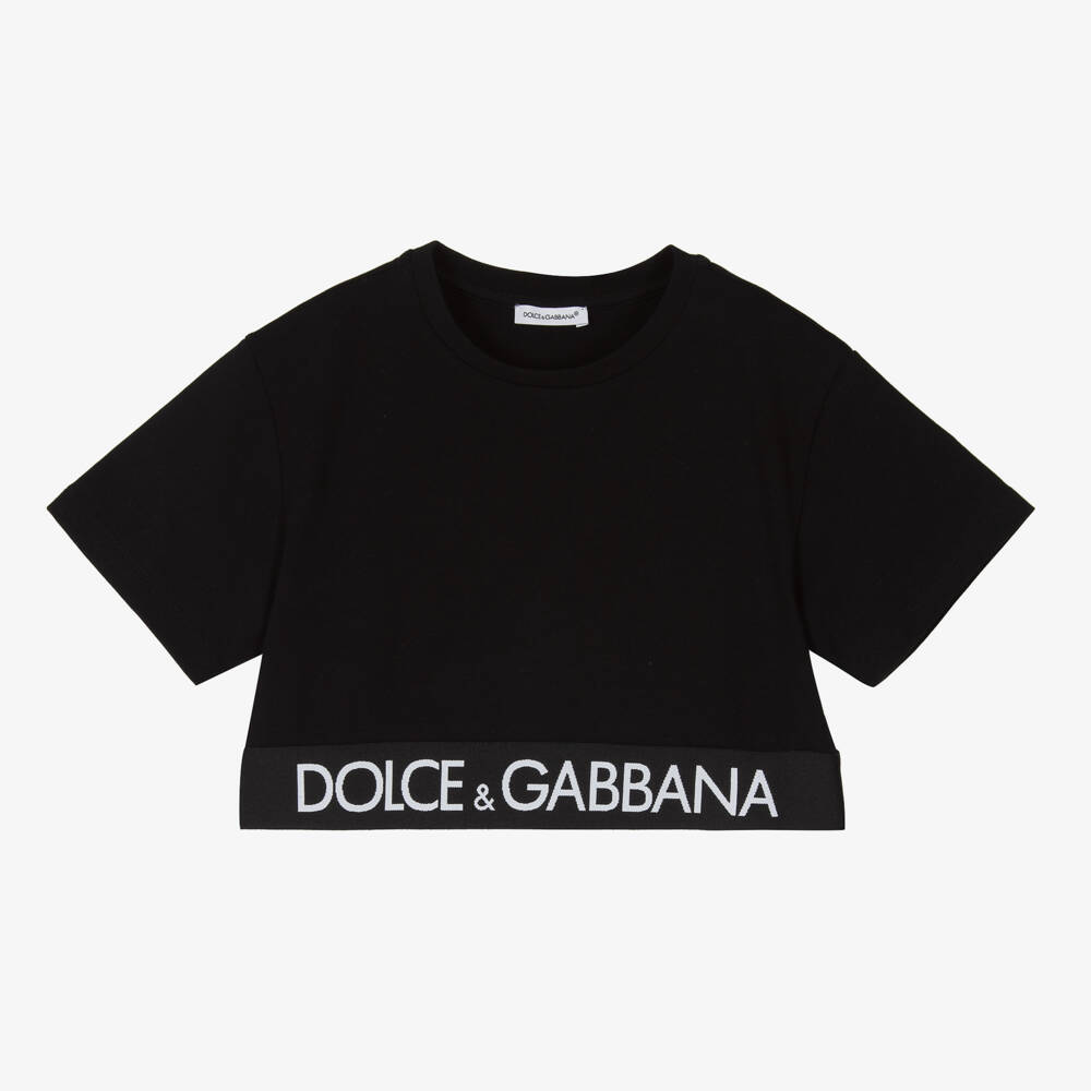 Dolce & Gabbana-تيشيرت قصير قطن أسود بشعار للبنات | Childrensalon Outlet