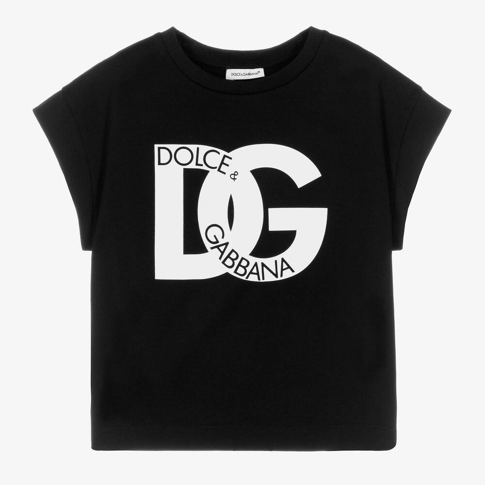 Dolce & Gabbana - Girls Black Cotton DG Logo T-Shirt | Childrensalon