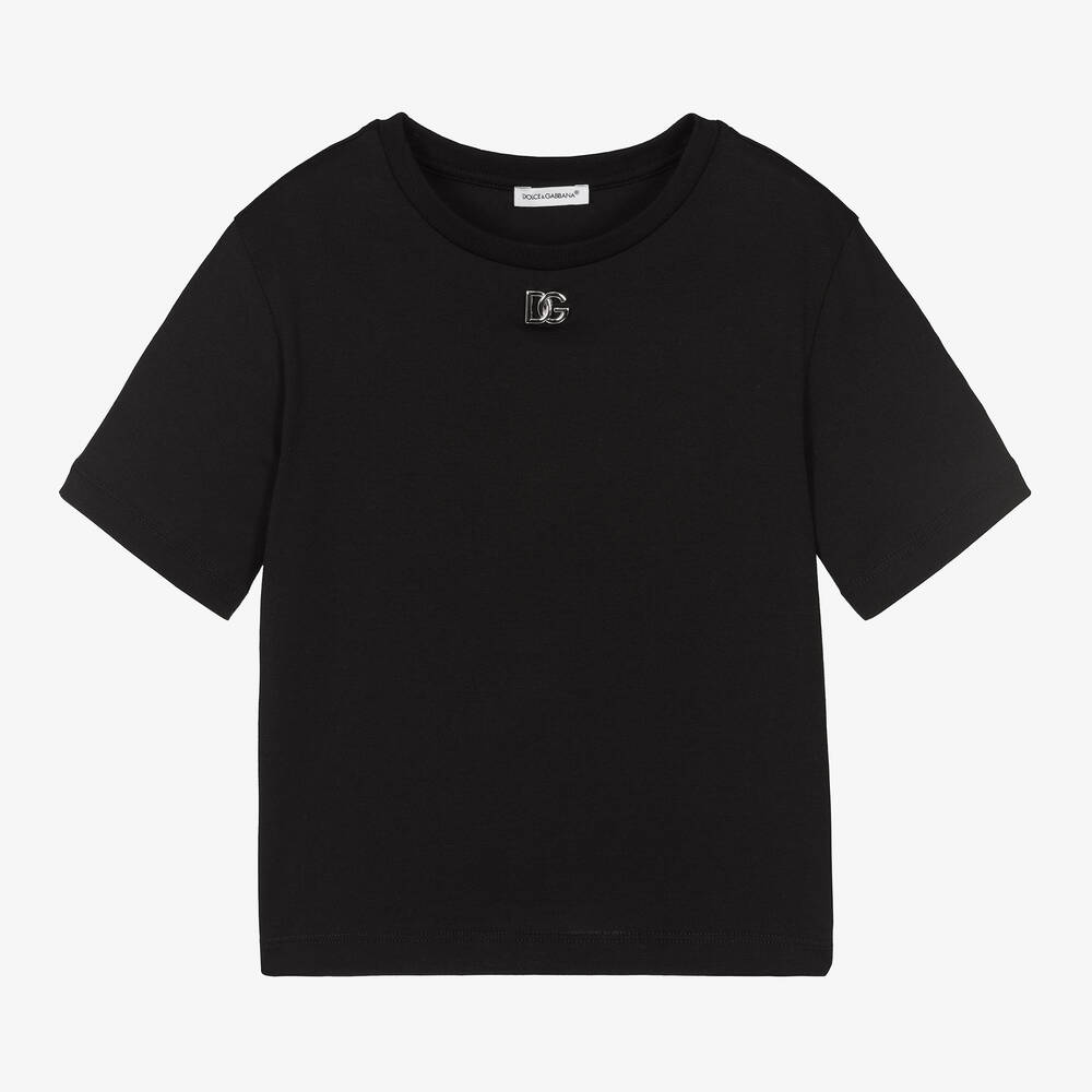 Dolce & Gabbana - Girls Black Cotton DG Logo T-Shirt  | Childrensalon