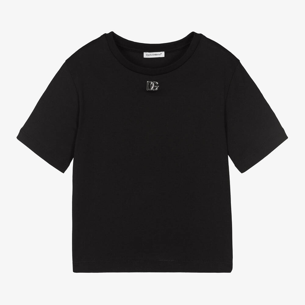 Dolce & Gabbana-Girls Black Cotton DG Logo T-Shirt  | Childrensalon Outlet