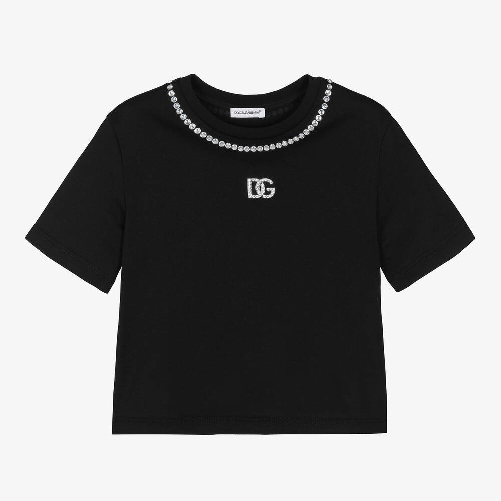 Dolce & Gabbana - Schwarzes DG Baumwoll-T-Shirt mit Strass für Mädchen | Childrensalon