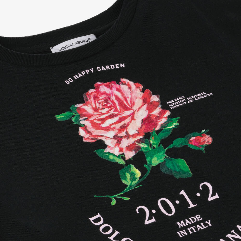 Dolce & Gabbana-Girls Black Cotton Floral Tee | Childrensalon Outlet