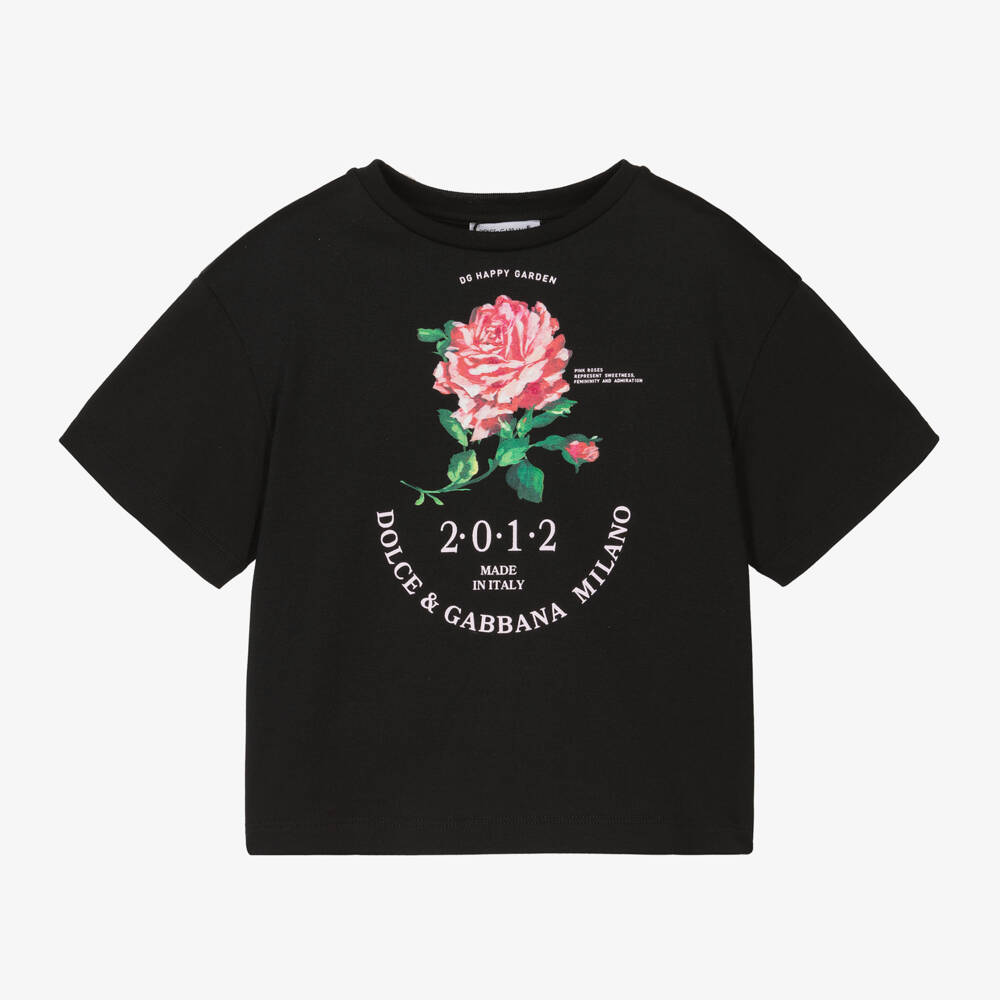 Dolce & Gabbana-تيشيرت بطبعة ورود قطن لون أسود للبنات | Childrensalon Outlet