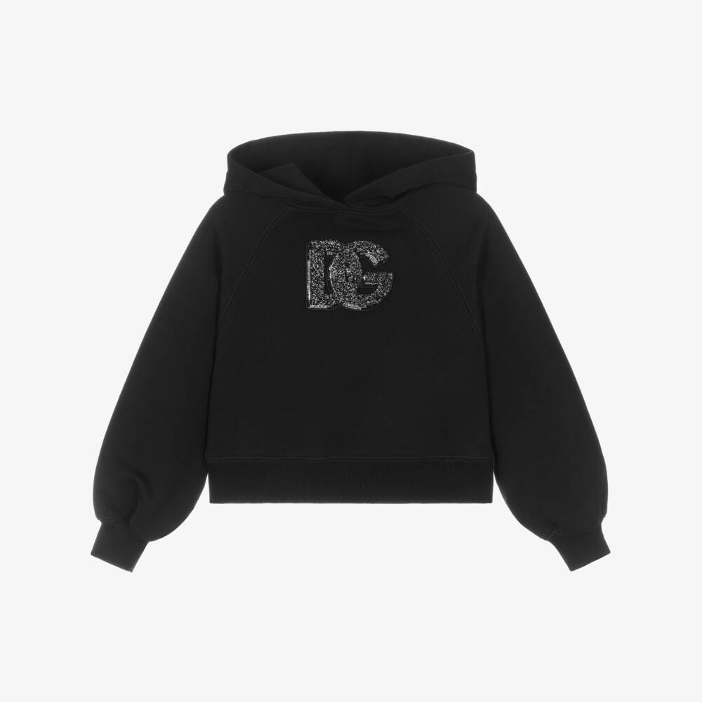 Dolce & Gabbana-Girls Black Cotton Rhinestone DG Logo Hoodie | Childrensalon Outlet