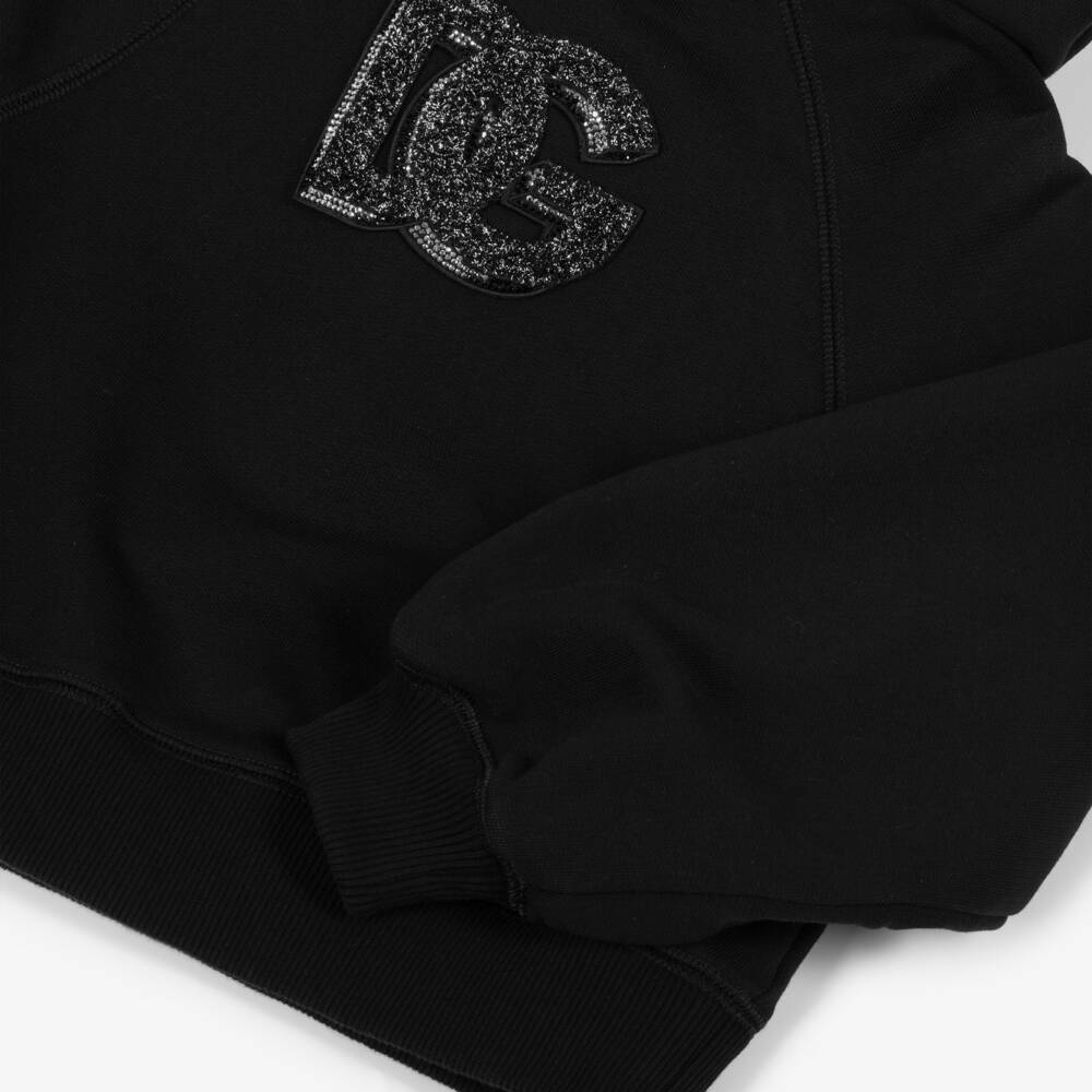 Dolce & Gabbana-Girls Black Cotton Rhinestone DG Logo Hoodie | Childrensalon Outlet