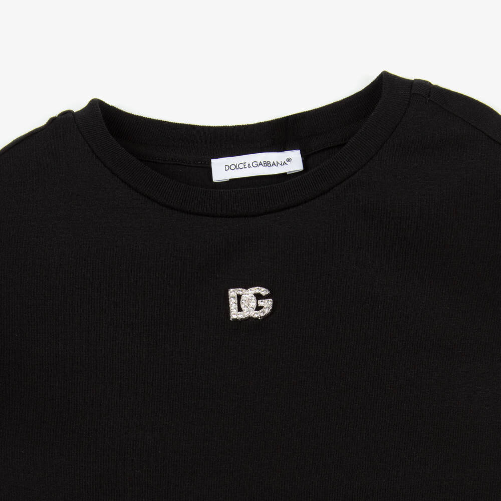 Dolce & Gabbana-Girls Black Cotton Rhinestone DG Logo T-Shirt | Childrensalon Outlet