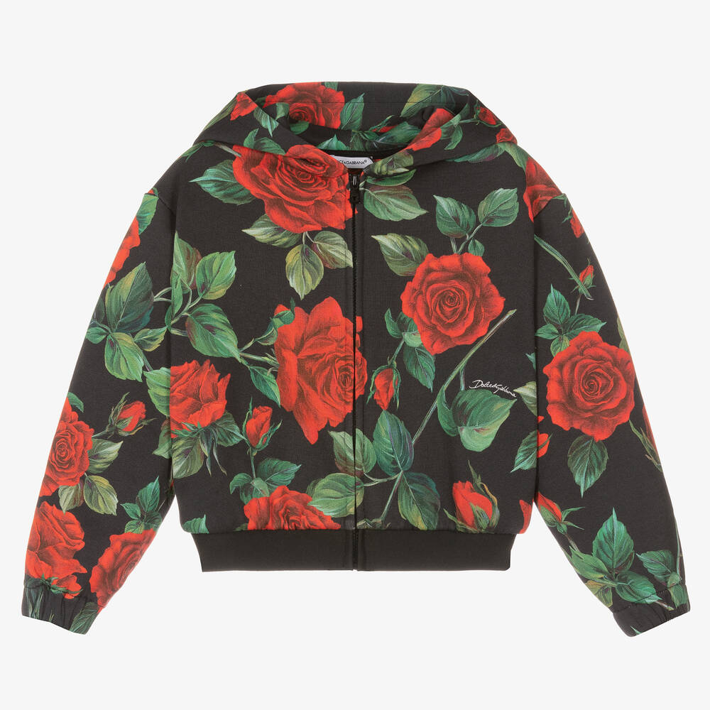 Dolce & Gabbana - Sweat à capuche noir à zippé roses | Childrensalon