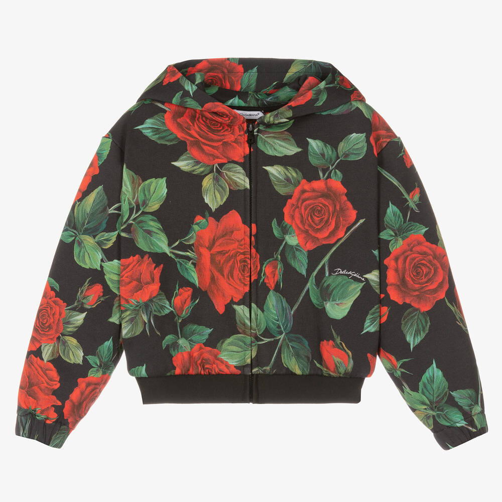 Dolce & Gabbana - Schwarze Rosen-Baumwollkapuzenjacke | Childrensalon