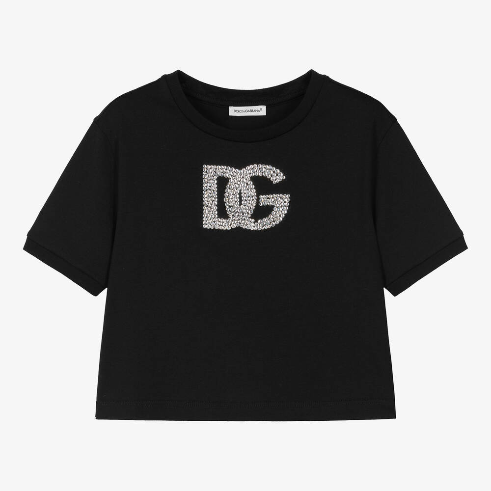 Dolce & Gabbana - Girls Black Cotton Silver DG T-Shirt | Childrensalon