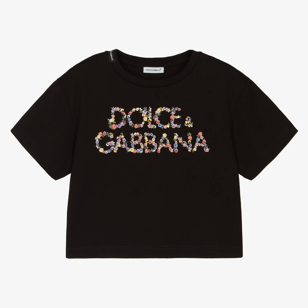Dolce & Gabbana - Schwarzes Baumwoll-T-Shirt mit floralem Logo für Mädchen | Childrensalon
