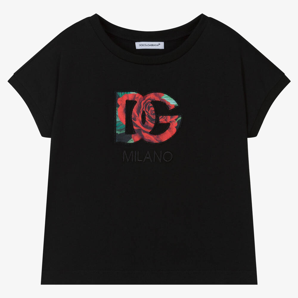 Dolce & Gabbana - Girls Black Crossover DG Rose T-Shirt | Childrensalon