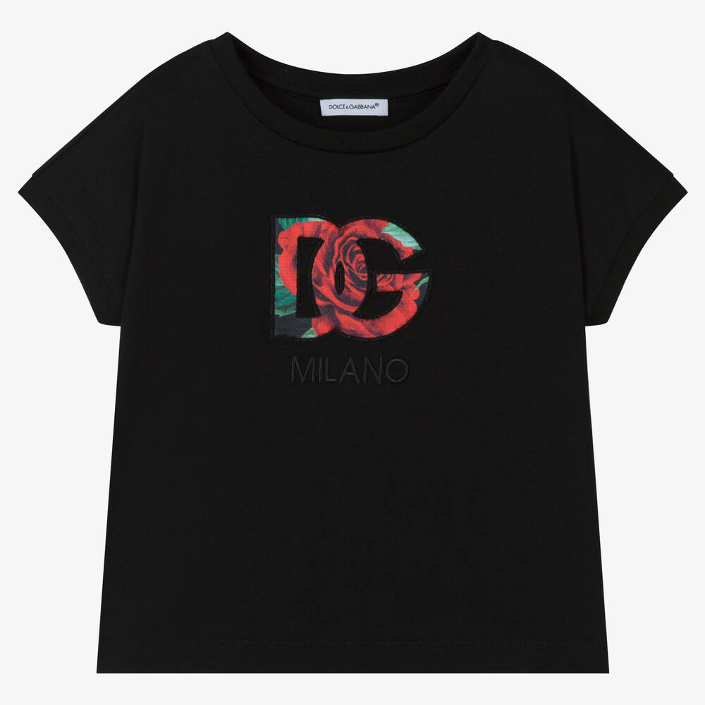 Dolce & Gabbana-Girls Black Crossover DG Rose T-Shirt | Childrensalon Outlet
