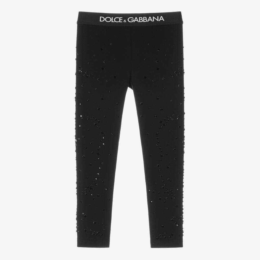 Dolce Gabbana Girls Black Crystal Logo Leggings