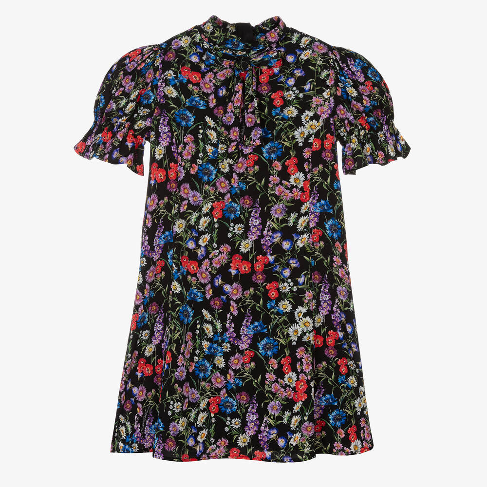 Dolce & Gabbana - Girls Black Floral Silk Charmeuse Dress | Childrensalon