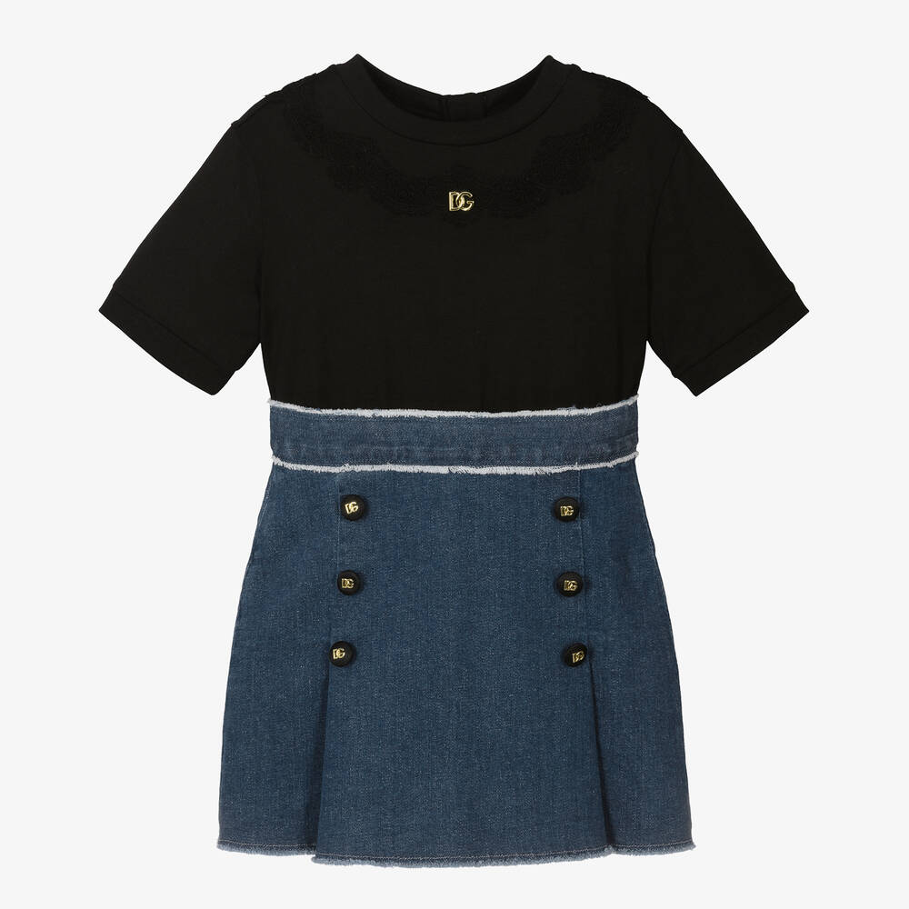 Dolce & Gabbana - Girls Black Jersey & Blue Denim Dress | Childrensalon
