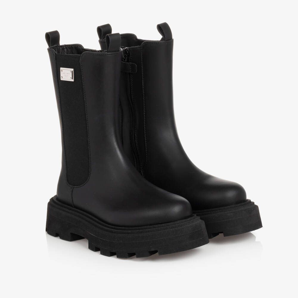 Dolce Gabbana Girls Black Leather Boots Childrensalon Outlet