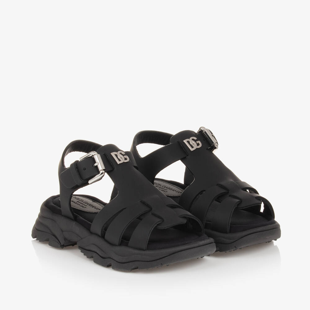 Dolce & Gabbana-Girls Black Leather Crossover DG Sandals | Childrensalon Outlet