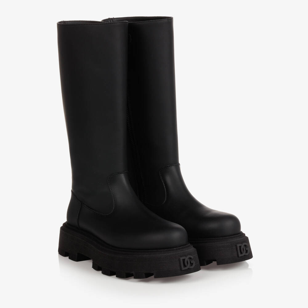 Dolce & Gabbana - Girls Black Leather DG Boots | Childrensalon